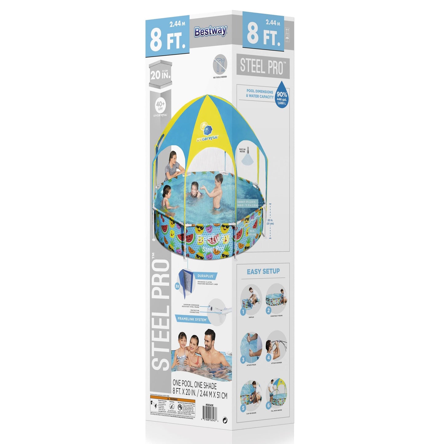 Bestway 8' x 20" Above Ground Kids Round Swimming Pool with Shaded Canopy, Fruit