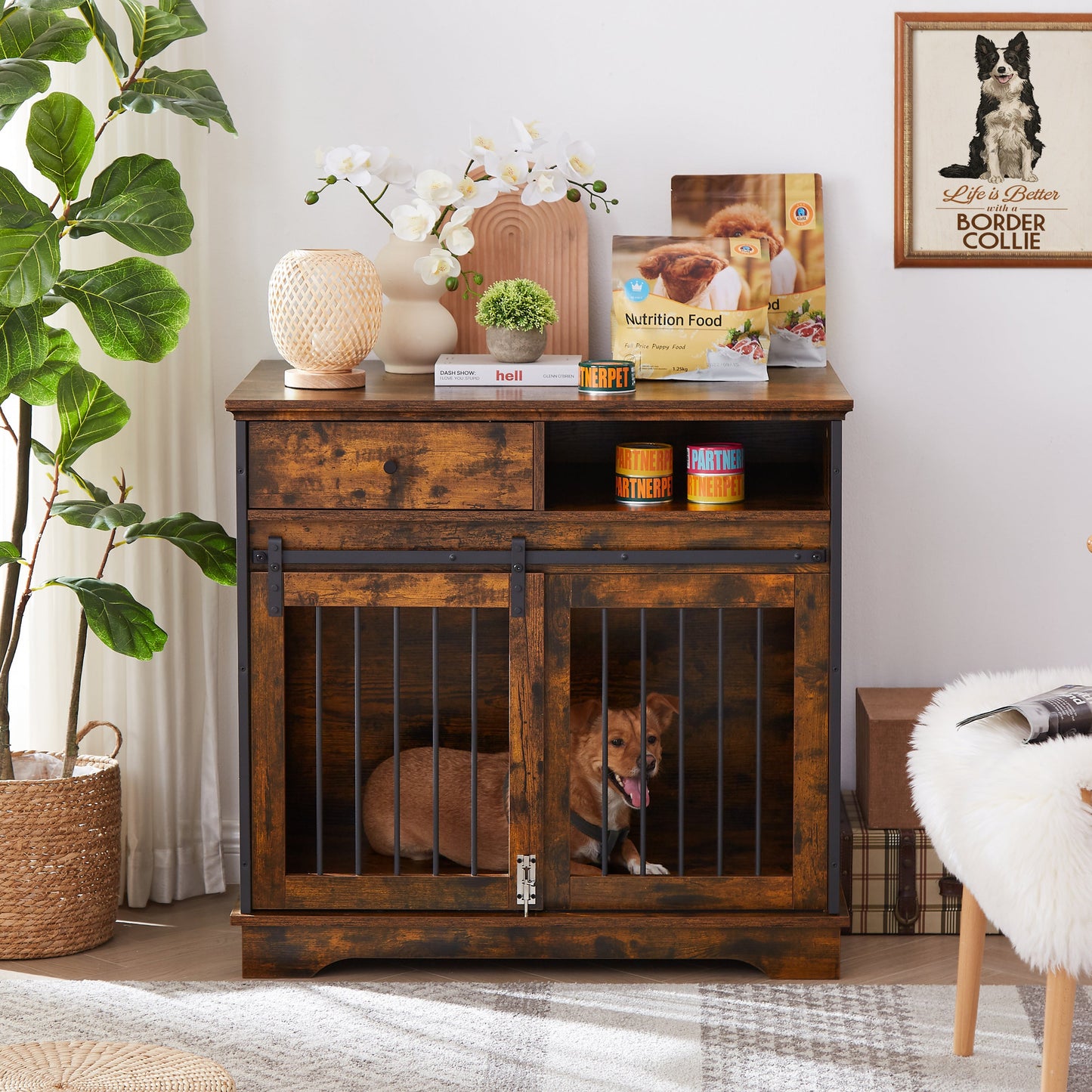 Sliding door dog crate with drawers. Rustic Brown, 35.43" W x 23.62" D x 33.46" H