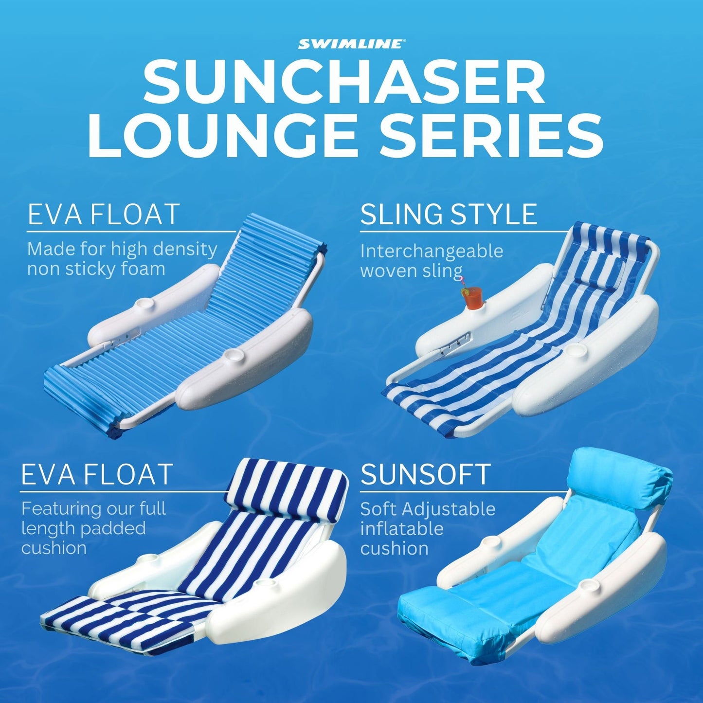 Swimline SunChaser Padded Floating Luxury Pool Lounge Sling Chair, Blue/White