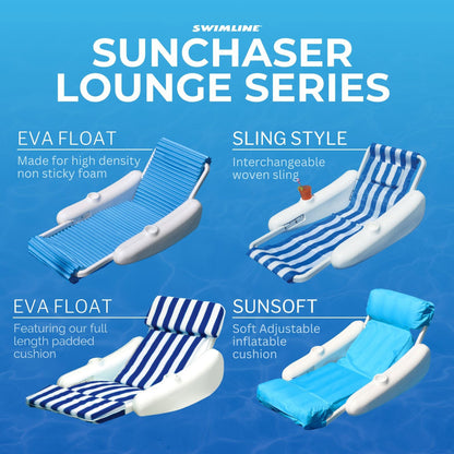Swimline SunChaser Padded Floating Luxury Pool Lounge Sling Chair, Blue/White