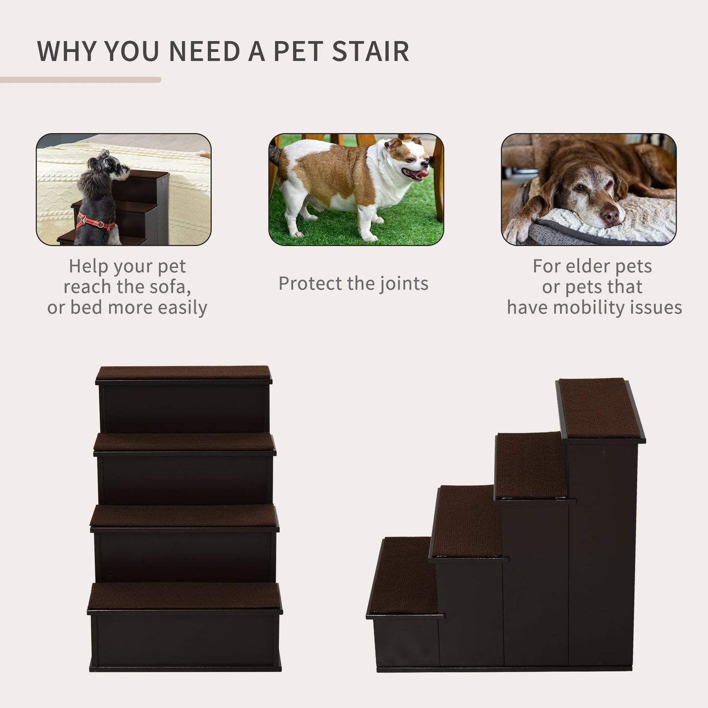 Pet Stairs, Small Pet Steps with Cushioned Removable Covering for Dogs and Cats Up To 22 Lbs., Brown