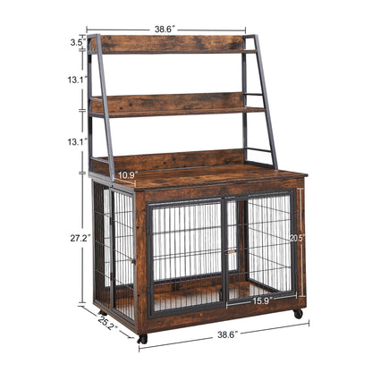 Furniture style dog crate side table with shelves, equipped with double doors and a raised roof. Rustic Brown, 38.58 "w x 25.5 "d x 57 "h