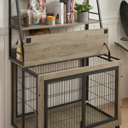 Furniture style dog crate side table with shelves, equipped with double doors and a raised roof. Grey, 38.58 "w x 25.5 "d x 57 "h