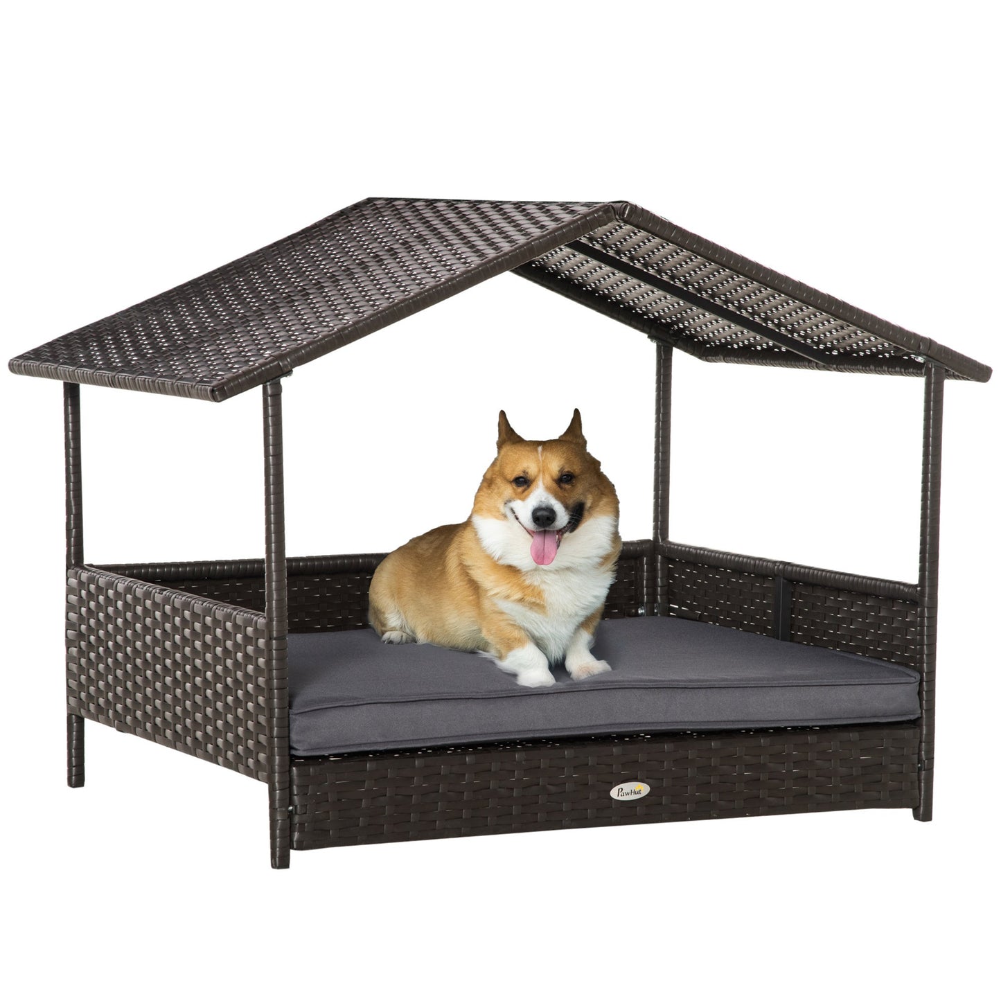 Wicker Dog House Outdoor with Canopy, Rattan Dog Bed with Water-resistant Cushion, for Small and Medium Dogs, Gray