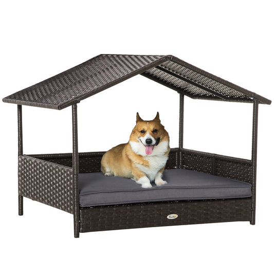 Wicker Dog House Outdoor with Canopy, Rattan Dog Bed with Water-resistant Cushion, for Small and Medium Dogs, Gray