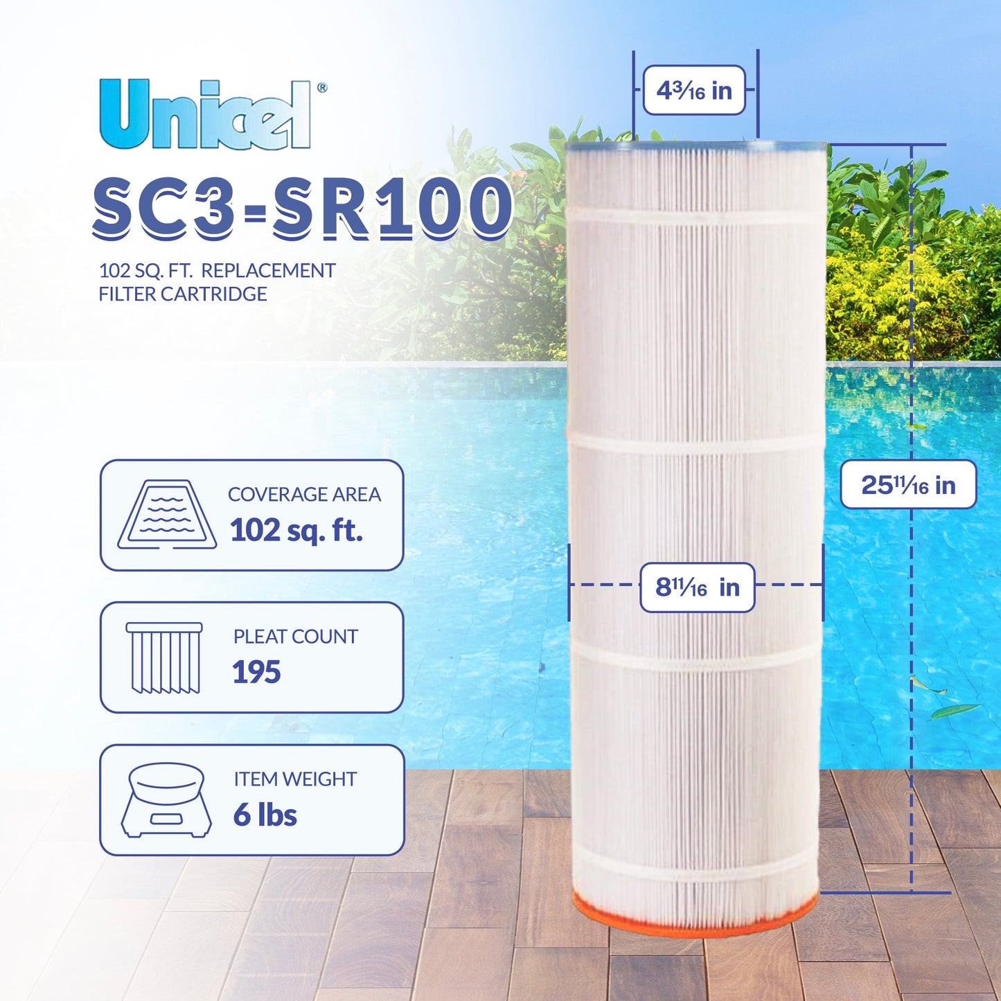 Unicel SC3-SR100 102 Square Foot 3 Oz Media Pool Filter Cartridge, 195 Pleats