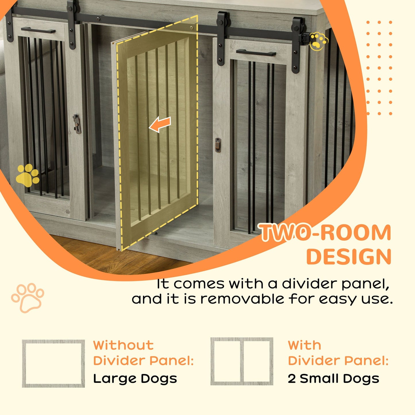 Dog Crate Furniture with Divider, Dog Crate End Table for Small to Large Dogs, Large Indoor Dog Kennel with Double Doors, 47"W x 23.5"D x 35"H, Gray