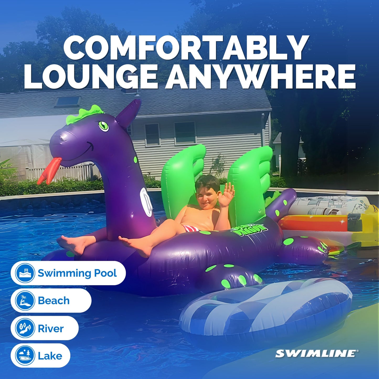 Swimline Giant 115" Inflatable Sea Dragon Ride-On Pool Float Lake Raft, Purple