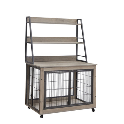 Furniture style dog crate side table with shelves, equipped with double doors and a raised roof. Grey, 38.58 "w x 25.5 "d x 57 "h