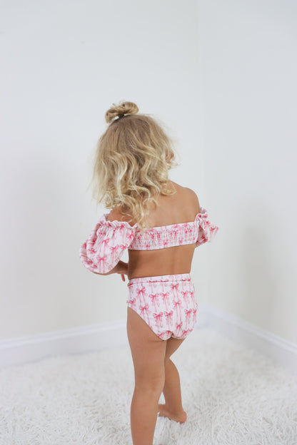 BOW CUTE DREAM SMOCKED OFF THE SHOULDER SWIM SUIT