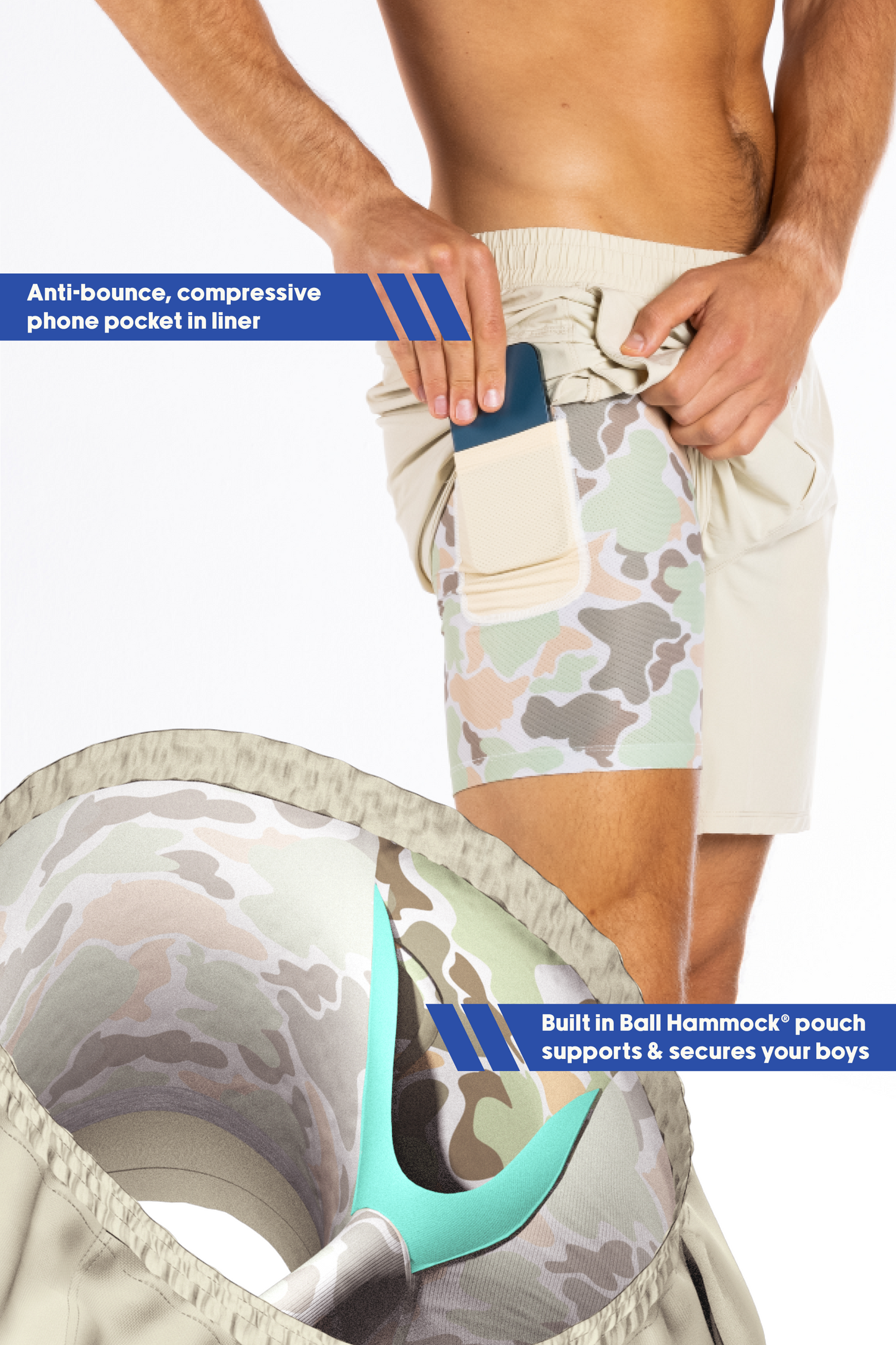 The Lieutenant | Khaki and Camo Ball Hammock® 5 Inch Athletic Shorts