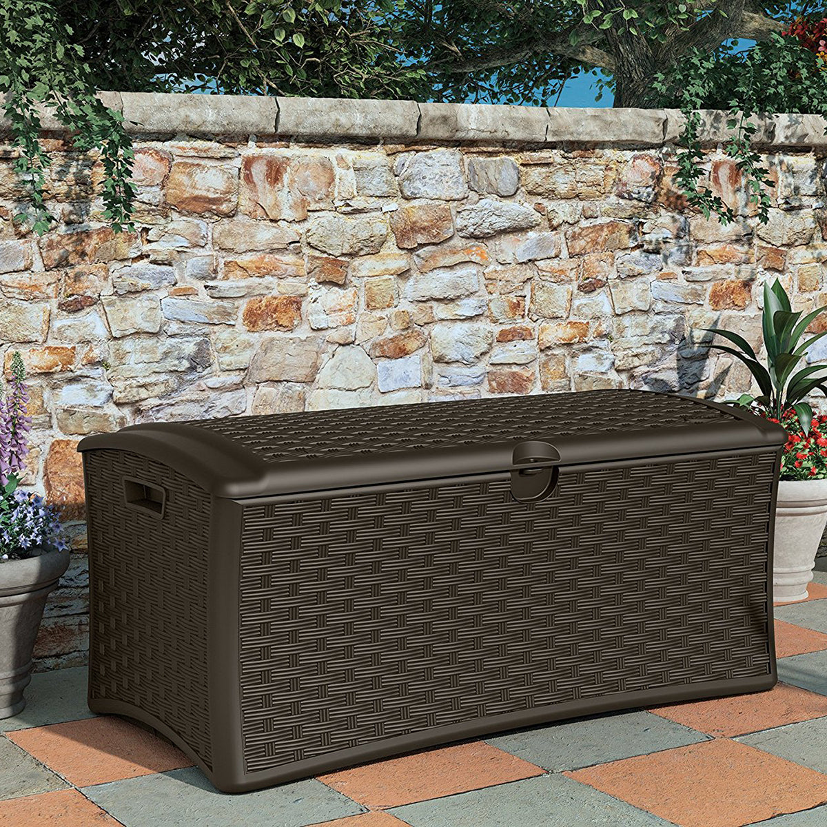 Suncast 72 Gallon Resin Wicker Outdoor Patio Storage Deck Box, Brown (2 Pack)