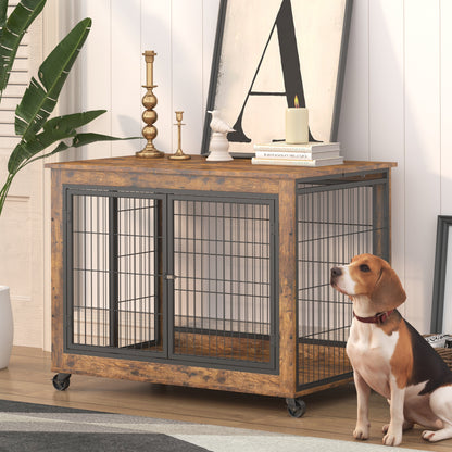 Furniture Dog Cage Crate with Double Doors, Rustic Brown, 38.58" W x 25.2" D x 27.17" H