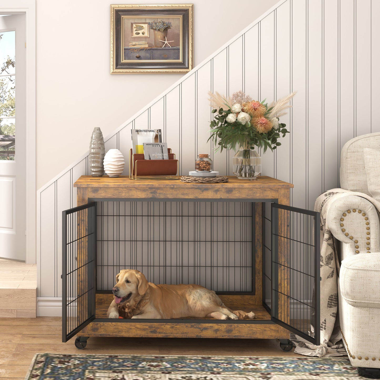 Furniture Dog Cage Crate with Double Doors, Rustic Brown, 38.58" W x 25.2" D x 27.17" H