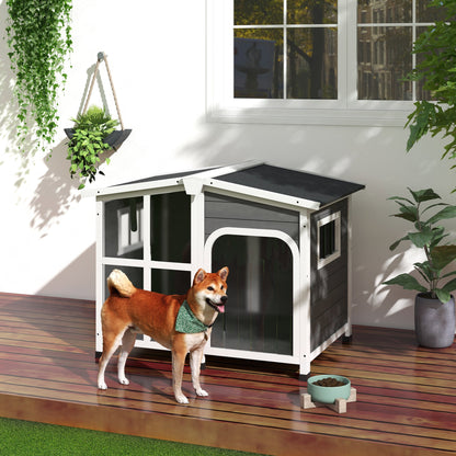 Cabin-Style Wooden Dog House for Large Dogs Outside with Openable Roof & Giant Window, Big Dog House Outdoor & Indoor, Asphalt Roof, Gray