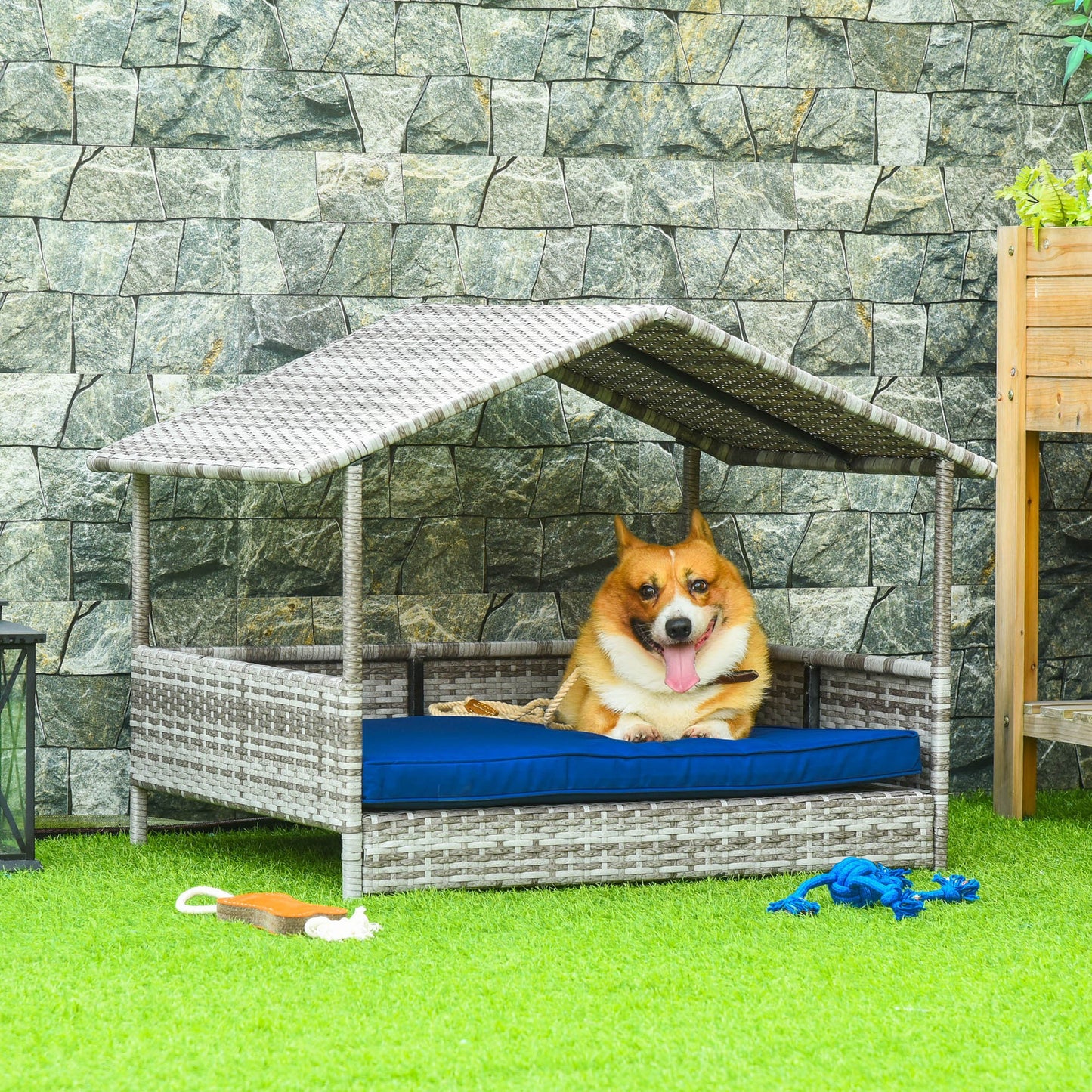 Wicker Dog House Outdoor with Canopy, Rattan Dog Bed with Water-resistant Cushion, for Small and Medium Dogs, Dark Blue