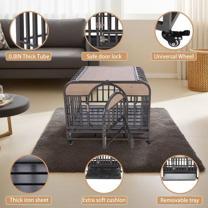 32in Heavy Duty Dog Crate, Furniture Style Dog Crate with Removable Trays and Wheels for High Anxiety Dogs