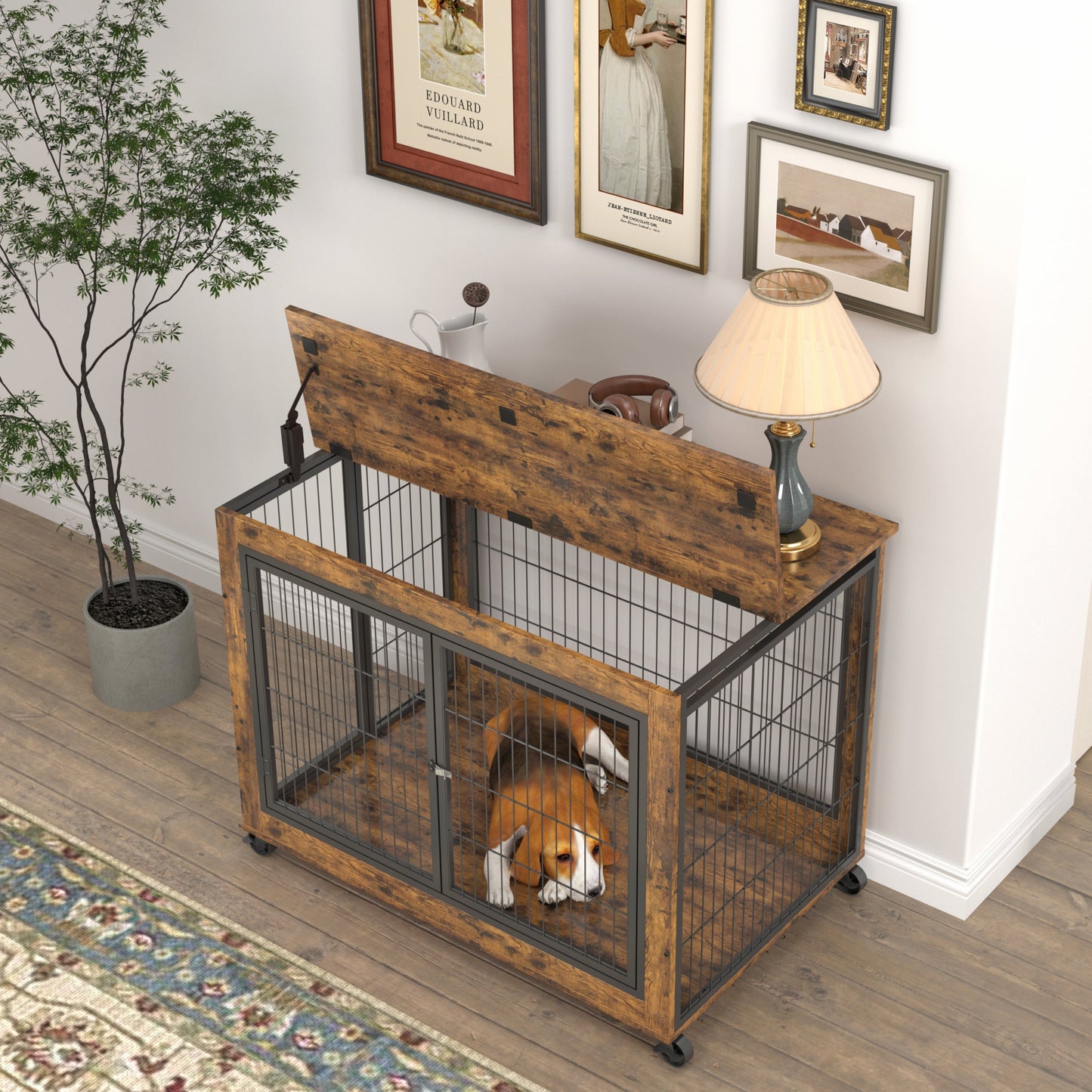 Furniture Dog Cage Crate with Double Doors, Rustic Brown, 38.58" W x 25.2" D x 27.17" H