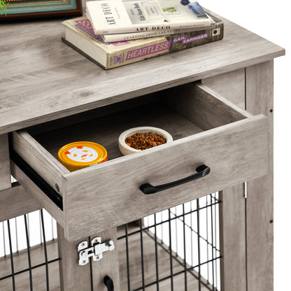 Furniture Style Dog Crate End Table with Drawer, Pet Kennels with Double Doors, Dog House Indoor Use, Grey, 29.9" W x 24.8" D x 30.71" H.