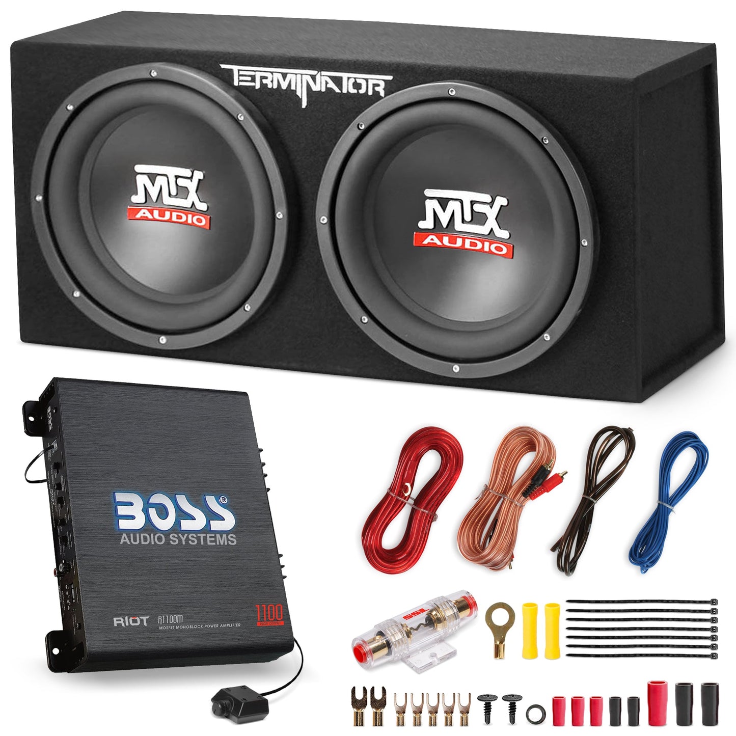 MTX TNE212D 12" 1200W Dual Loaded Car Subwoofer and Boss 1100W Amplifier w/  Kit