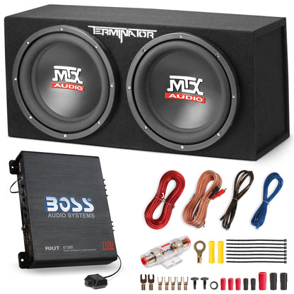 MTX TNE212D 12" 1200W Dual Loaded Car Subwoofer and Boss 1100W Amplifier w/  Kit