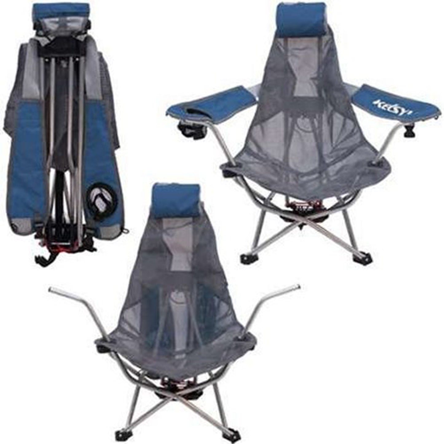 Kelsyus Mesh Folding Backpack Beach Chair w/Headrest & Cup Holder, Blue and Gray