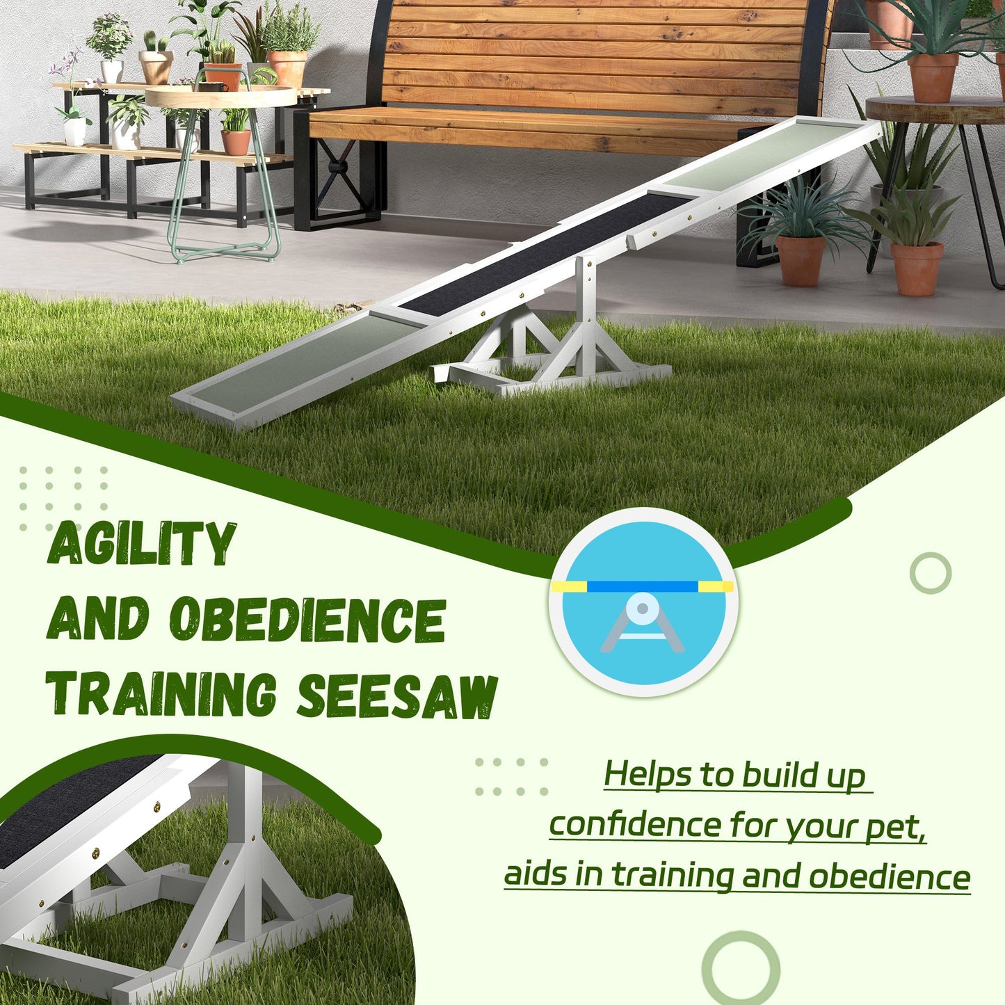 Wooden Dog Agility Seesaw for Training and Exercise, Platform Equipment Run Game Toy, Weather Resistant Pet Supplies, 71" L x 12" W x 12" H, White