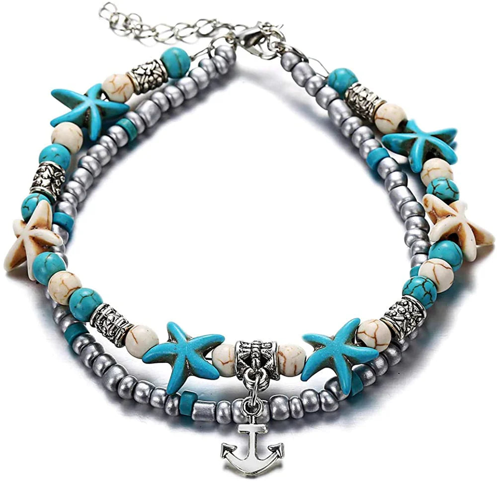 Anchor Charm | Turquoise and Silver Beaded Anklet