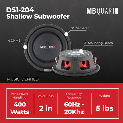 MB Quart DS1-204 400 Watt 8 Inch Shallow Slim DVC 4 Ohm Car Sub, Single Speaker