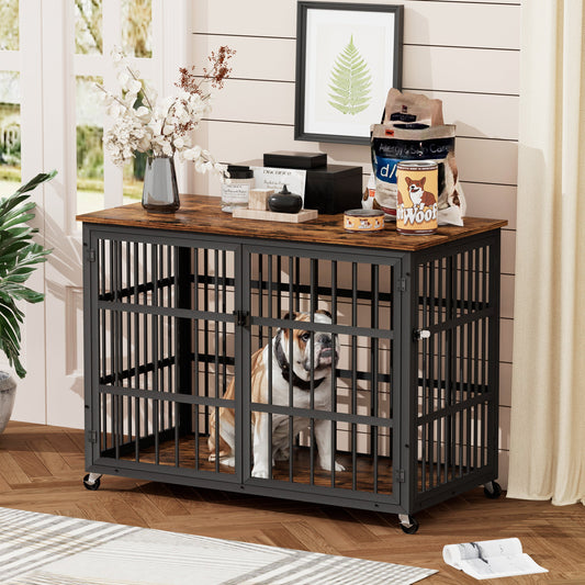 Furniture style dog crate wrought iron frame door with side openings, Rustic Brown, 38.4"W x 27.7"D x 30.2"H.