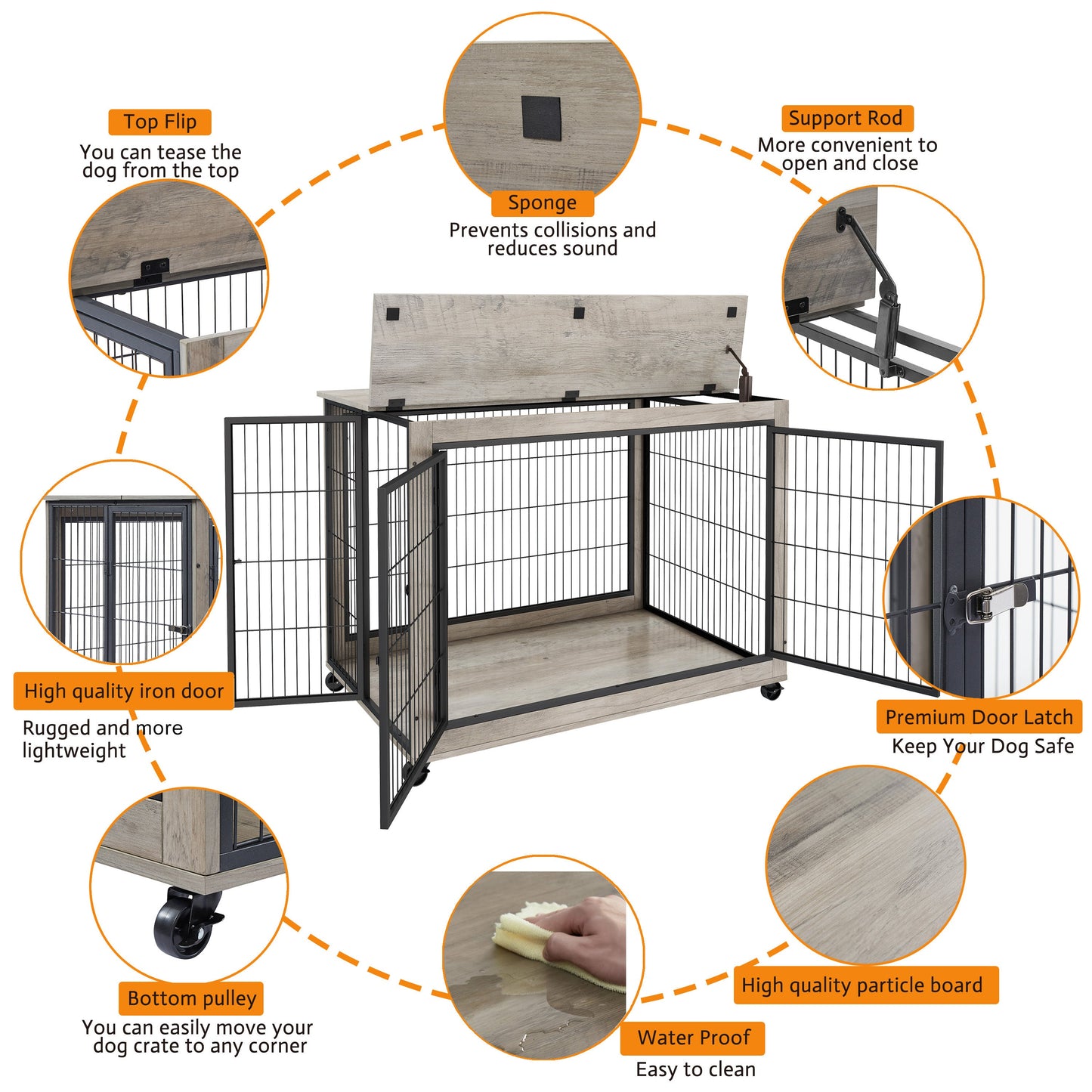 Furniture Style Dog Crate Side Table on Wheels with Double Doors and Lift Top. Grey, 43.7" W x 30" D x 31.1" H.