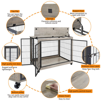 Furniture Style Dog Crate Side Table on Wheels with Double Doors and Lift Top. Grey, 43.7" W x 30" D x 31.1" H.