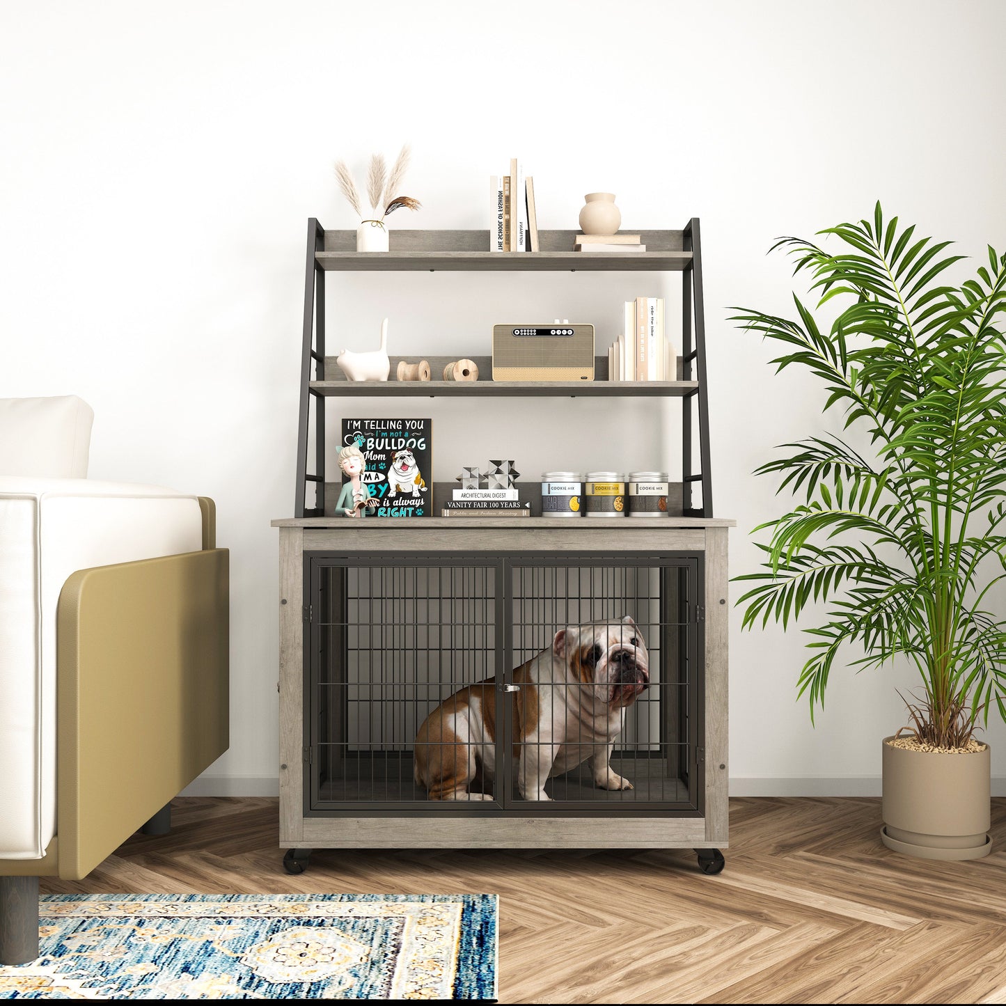 Furniture style dog crate side table with shelves, equipped with double doors and a raised roof. Grey, 38.58 "w x 25.5 "d x 57 "h