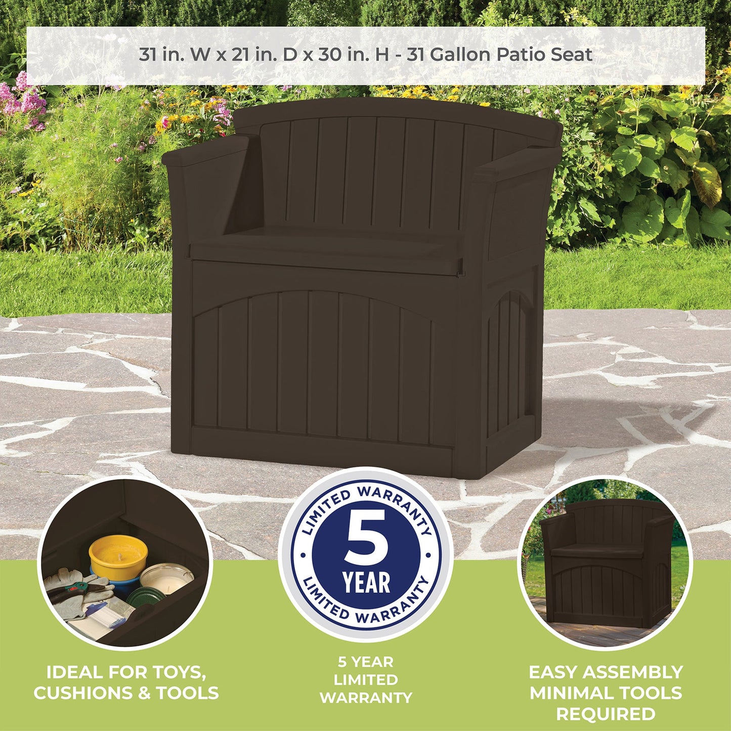 Suncast 31 Gallon Patio Seat Outdoor Storage and Bench Chair, Java | PB2600J