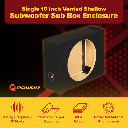 QPower Shallow Vented Subwoofer Enclosure, Single 10 Inch Car Sub Speaker Box