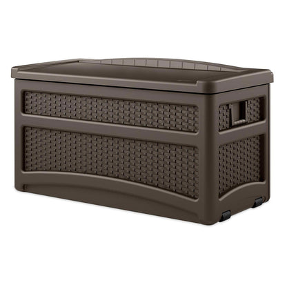 Suncast 73 Gallon Deck Box & Wicker Trash Hideaway Outdoor Garbage Bin, Java