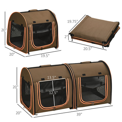 39" Portable Soft-Sided Pet Cat Carrier with Divider, Two Compartments, Soft Cushions, & Storage Bag, Brown