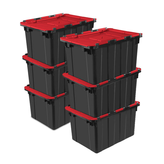 Sterilite 12 Gallon Hinged Lid Industrial Tote, Stackable Storage Bin, 6 Pack