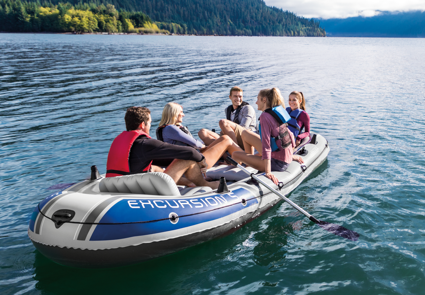 Intex Excursion 5 Person Inflatable Boat, Water Fishing River Raft Set w/Oars