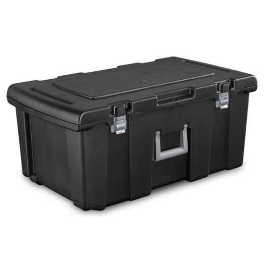 Sterilite Wheeled Footlocker, Lockable Plastic Storage Container with Wheels for Office Organization or Home Storage, Black