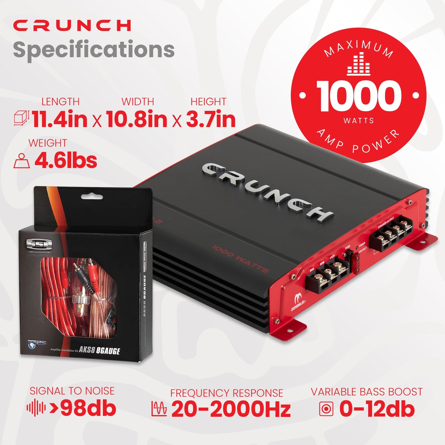 Crunch PX-1000.2 1000W Car Stereo Amp & Soundstorm AKS8 8 Gauge Amp Wiring Kit