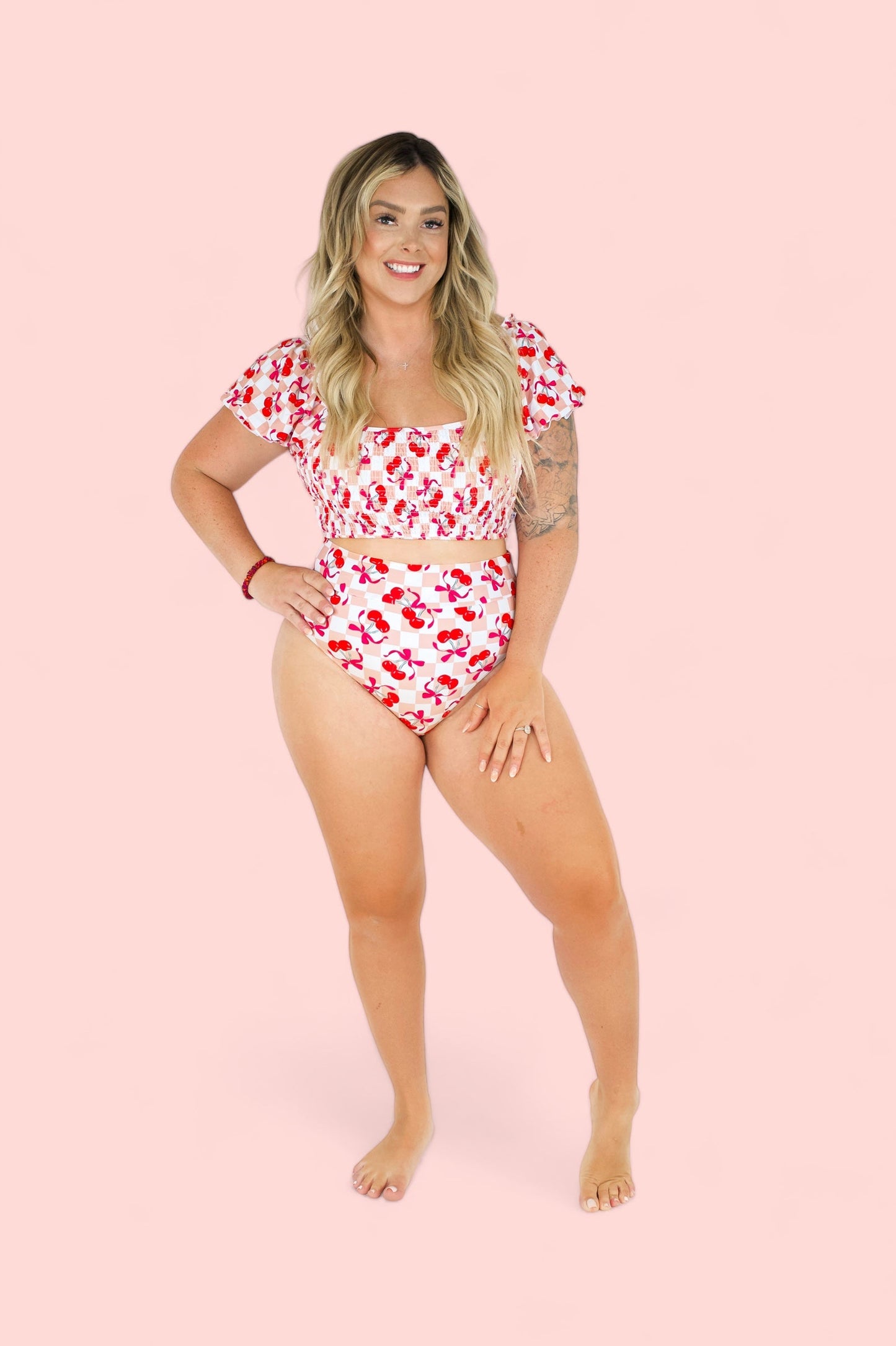 CHERRY SWEET CHECKERS DREAM SMOCKED OFF THE SHOULDER WOMENS SWIM SUIT