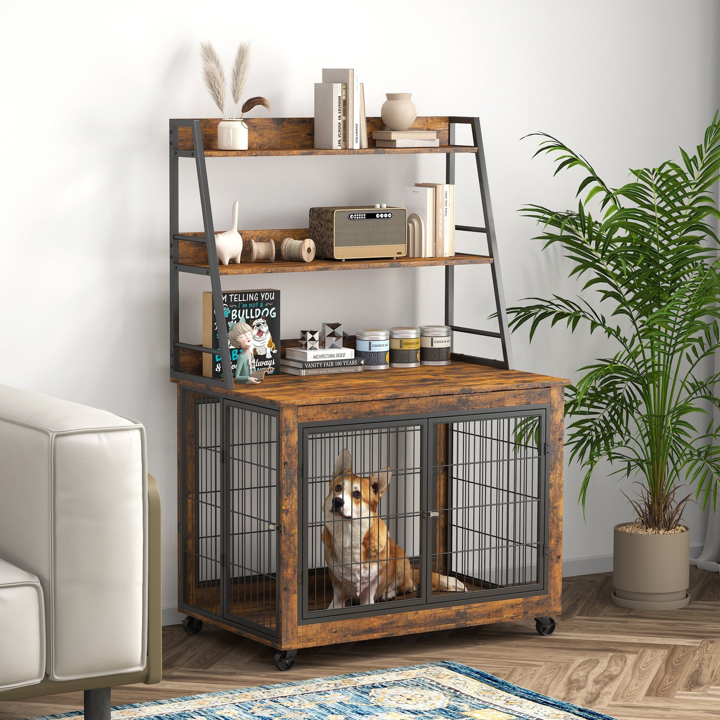 Furniture style dog crate side table with shelves, equipped with double doors and a raised roof. Rustic Brown, 38.58 "w x 25.5 "d x 57 "h