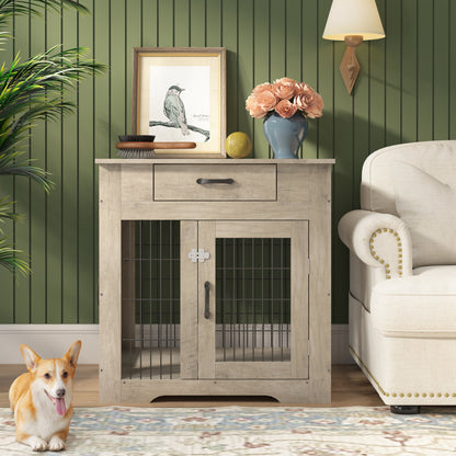 Furniture Style Dog Crate End Table with Drawer, Pet Kennels with Double Doors, Dog House Indoor Use, Grey, 29.9" W x 24.8" D x 30.71" H.