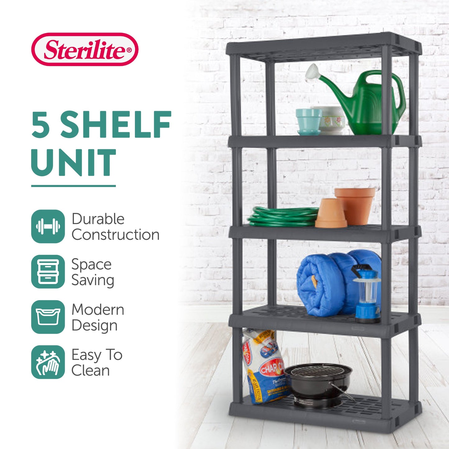 Sterilite 75.2 Inch Heavy Duty Durable 5 Shelf Ventilated Shelving Unit, 4 Pack