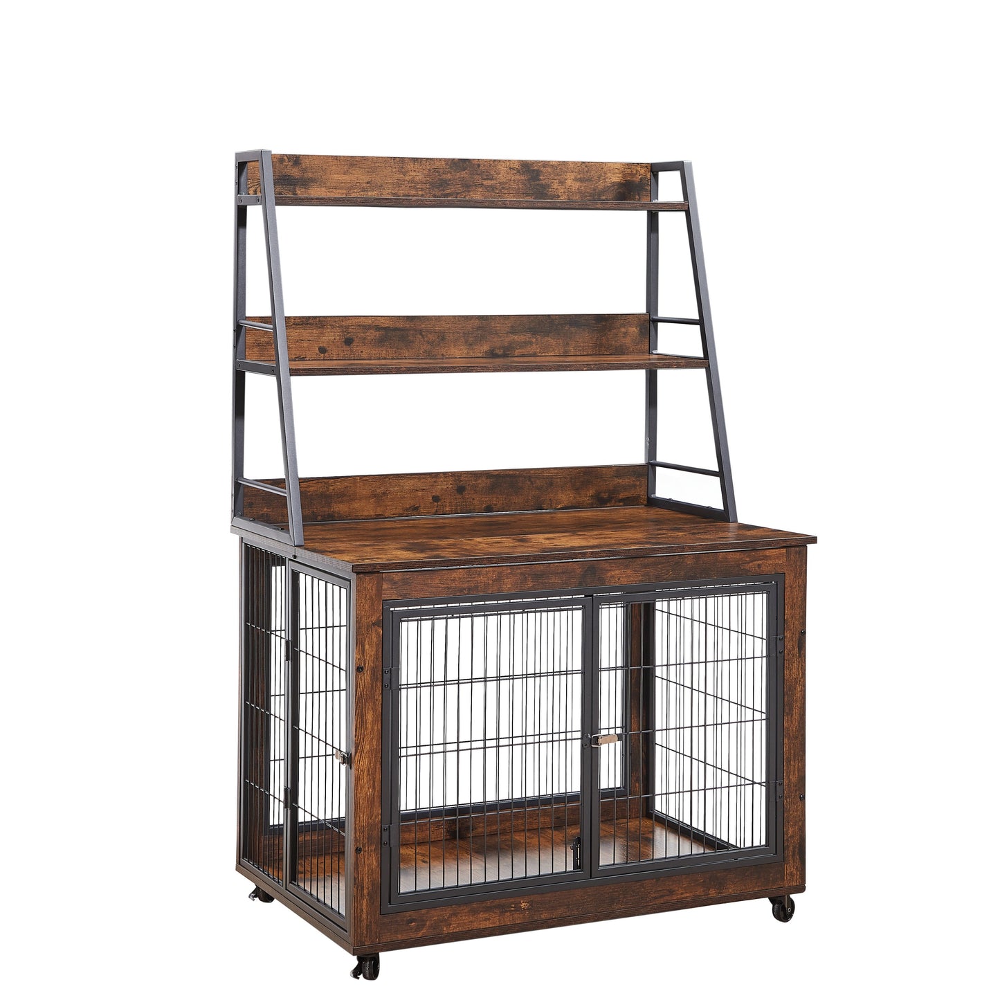 Furniture style dog crate side table with shelves, equipped with double doors and a raised roof. Rustic Brown, 38.58 "w x 25.5 "d x 57 "h