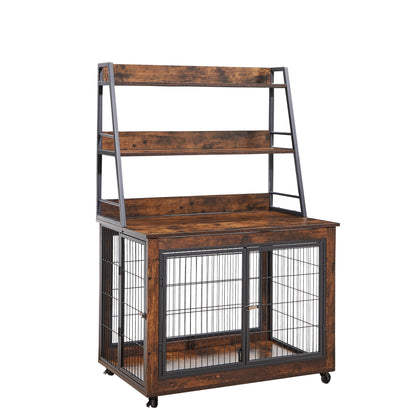 Furniture style dog crate side table with shelves, equipped with double doors and a raised roof. Rustic Brown, 38.58 "w x 25.5 "d x 57 "h