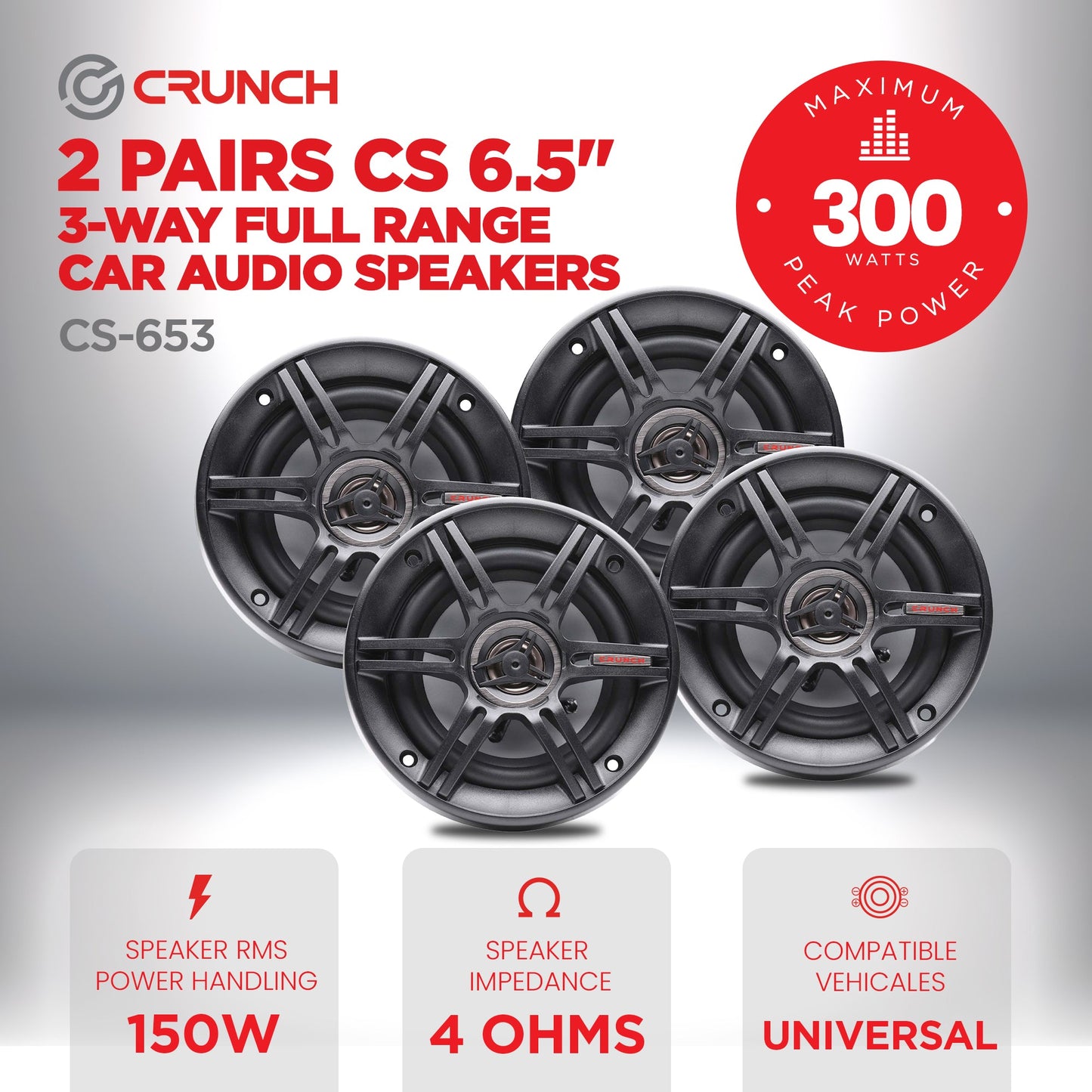 Crunch CS-653 300 Watts 6.5-Inch 3-Way 4 Ohms Car CS Speakers, Black, 2 Pack