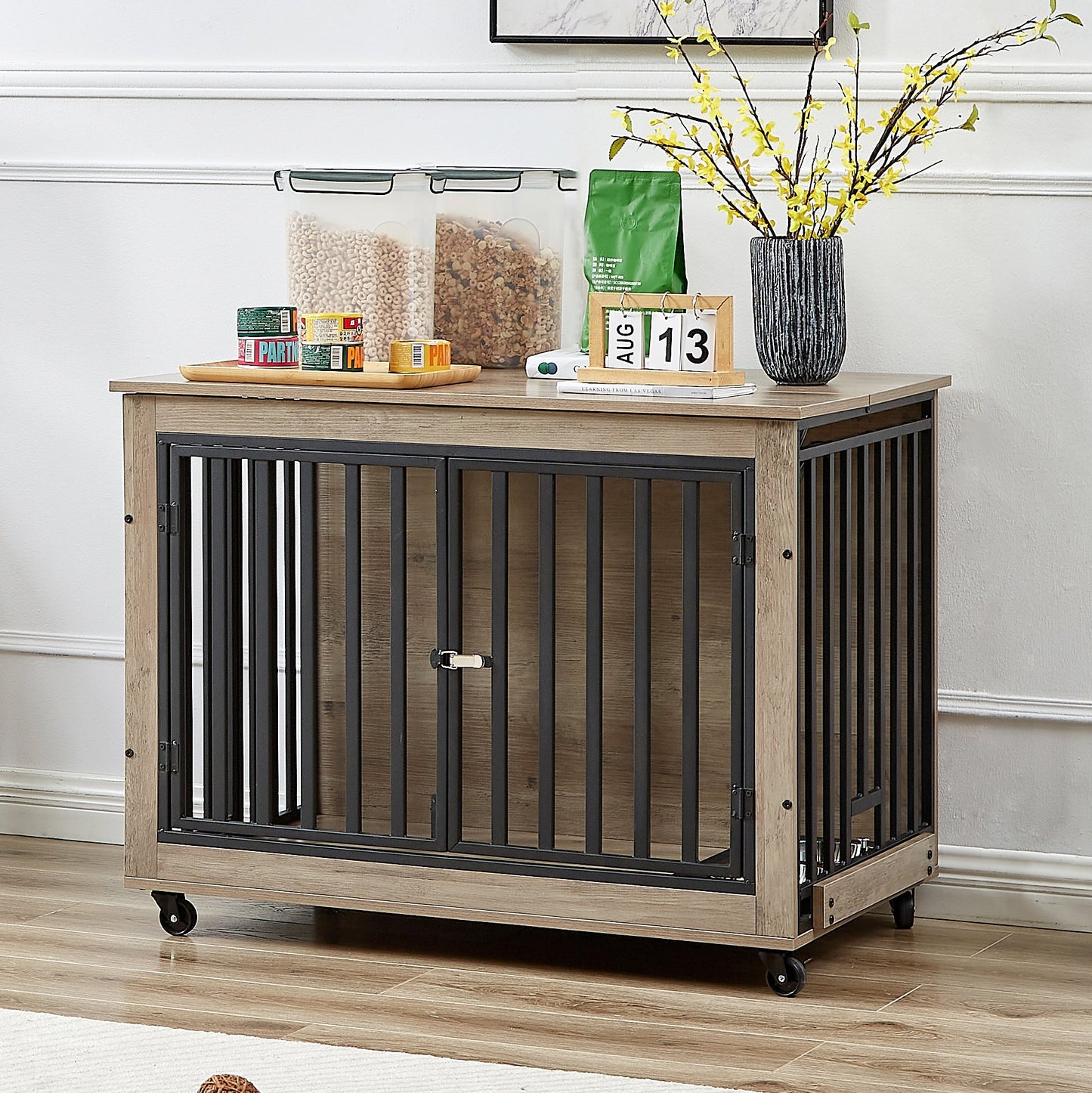 Furniture Style Dog Crate Side Table With Feeding Bowl, Wheels, Three Doors, Flip-Up Top Opening. Indoor, Grey, 38.58"W x 25.2"D x 27.17"H