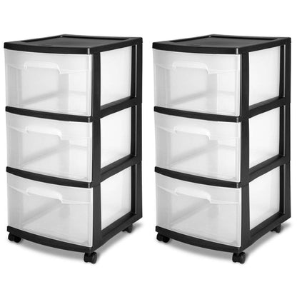 Sterilite 3-Drawer Plastic Rolling Storage Cart, Clear with Black Frame (2-Pack)